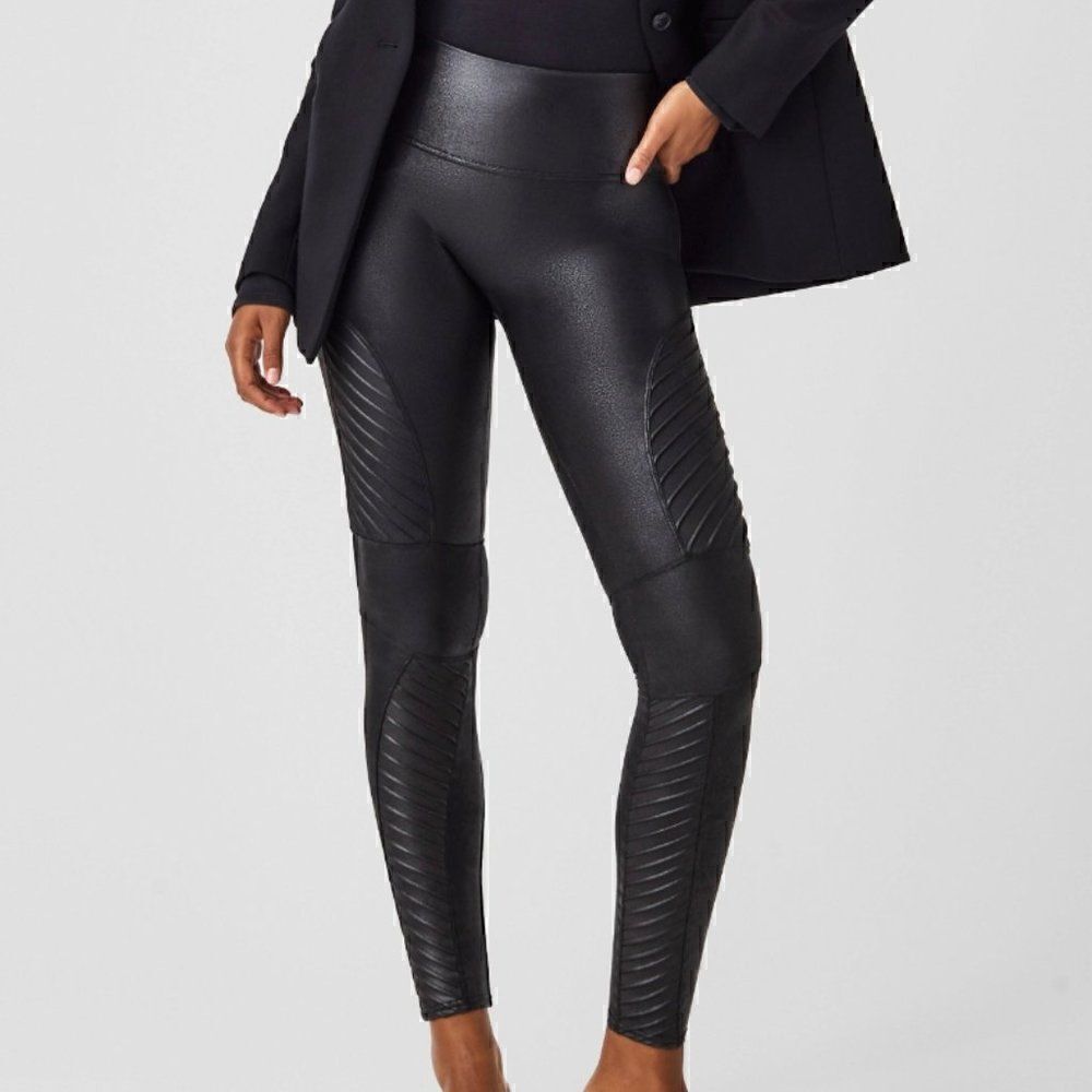 Spanx Faux Leather Moto Leggings Very Black Size XS Womens High Waist Shaping